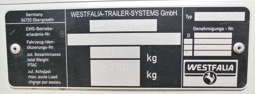 3.0m single axle Westfalia trailer