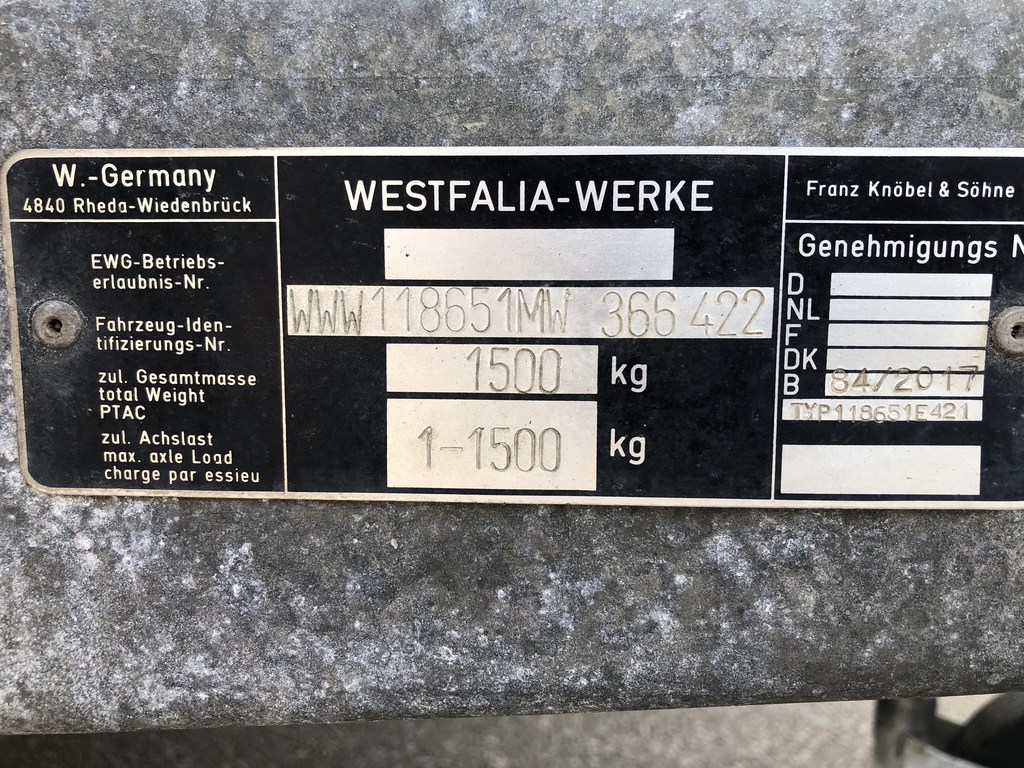 2.5m tandem axle Westfalia trailer