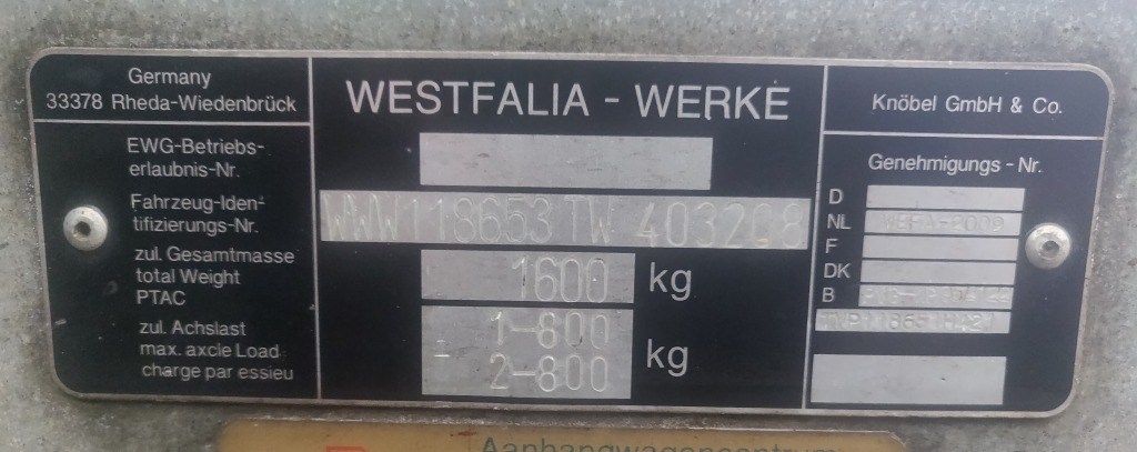 2.5m tandem axle Westfalia trailer